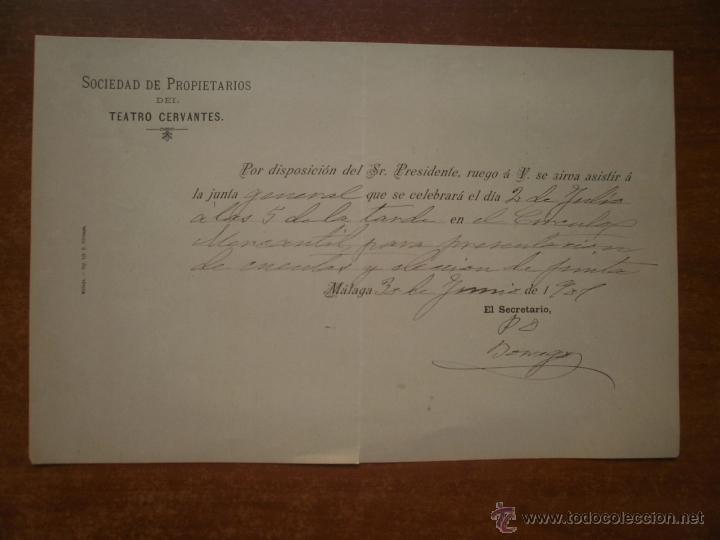 Coleccionismo: INVITACION SOCIEDAD DE PROPIETARIOS DEL TEATRO CERVANTES MALAGA A&Ntilde;O 1901 FIRMA JOSE RUIZ BORREGO