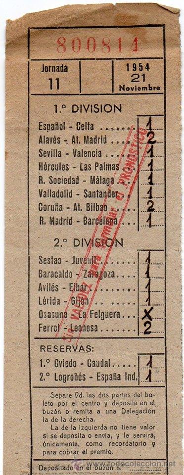 Coleccionismo: Resguardo quiniela (21-11-1954) - Foto 1