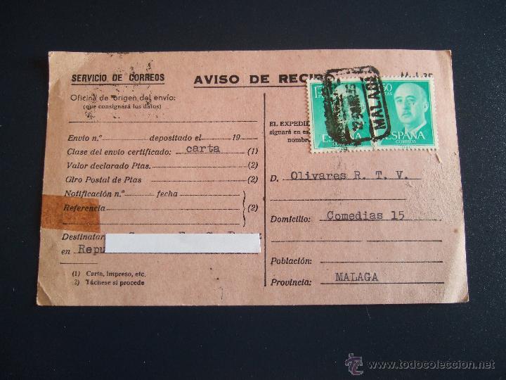 Collezionismo: AVISO RECIBO CORREOS - A&Ntilde;OS 60/70 - SERVICIO DE CORREOS - MALAGA