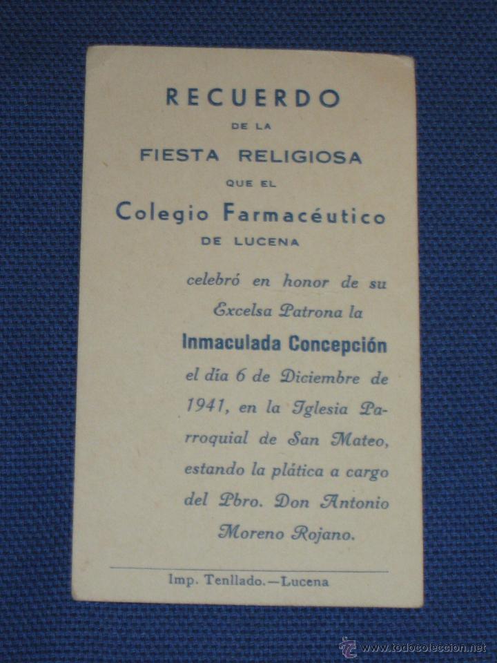 Coleccionismo: ESTAMPA RECUERDO DE LA FIESTA RELIGIOSA QUE EL COLEGIO FARMACEUTICO DE LUCENA CELEBRO EN 1941
