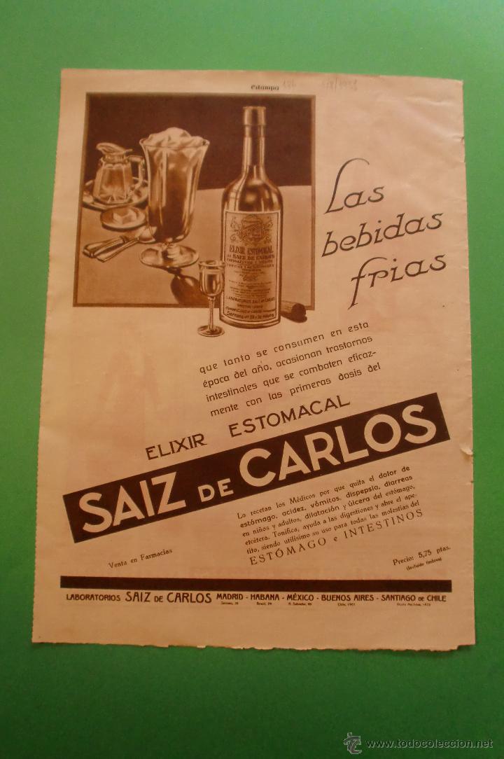 Coleccionismo: ELIXIR ESTOMACAL SAIZ DE CARLOS 1/8/1931 HOJA SUELTA