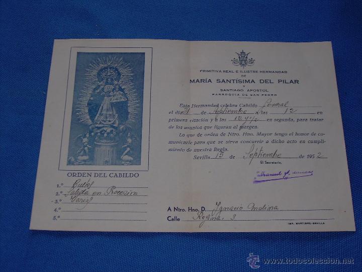 Coleccionismo: CITACION PARA CULTOS 21X16 CM SANTISIMA VIRGEN DEL PILAR - SEVILLA 1952 - PARROQUIA SAN PEDRO
