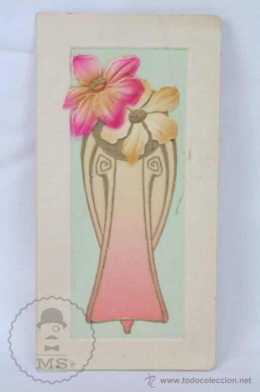 Coleccionismo: Antigua Tarjeta Rom&aacute;ntica con Flores y Detalles Modernistas - Medidas 12,5 x 6,5 Cm - Art Nouveau