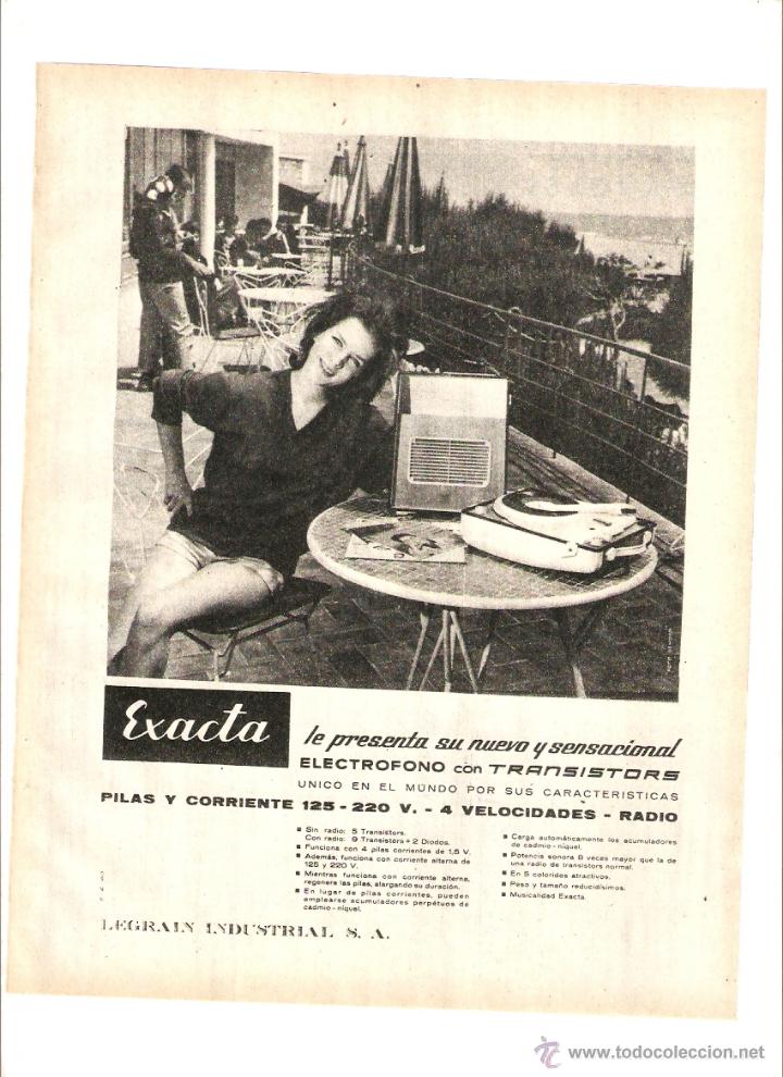 Coleccionismo: A&Ntilde;O 1960 RECORTE PRENSA PUBLICIDAD ELECTROFONO CON TRANSISTOR EXACTA LEGRAIN INDUSTRIAL