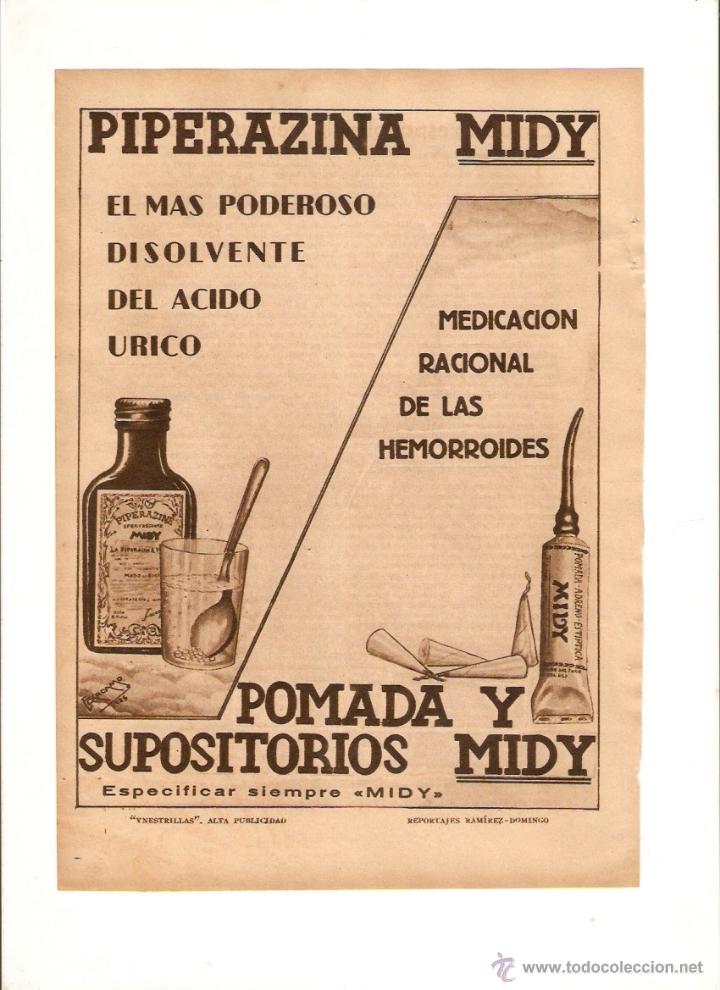 Colecionismo: A&Ntilde;O 1935 RECORTE PRENSA PUBLICIDAD PIPERAZINA MIDY POMADA SUPOSOTORIOS MEDICACION HEMORROIDES
