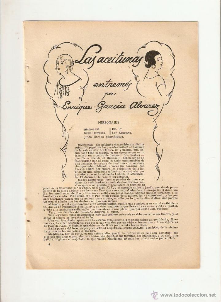 Coleccionismo: A&Ntilde;O 1926 RECORTE PRENSA ENTREMES TEATRO LAS ACEITUNAS ENRIQUE GARCIA ALVAREZ DIBUJO PRAT ILUSTRACION