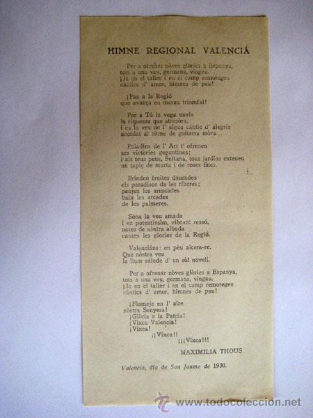 Coleccionismo: HIMNE REGIONAL VALENCIA. 1930. THOUS Maximilia
