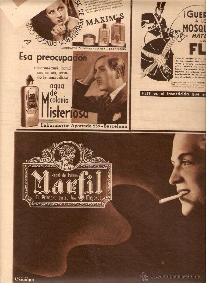 Sammelleidenschaft Papier: A&Ntilde;O 1936 RECORTE PRENSA PUBLICIDAD AGUA DE COLONIA MISTERIOSA FLIT PAPEL DE FUMAR MARFIL