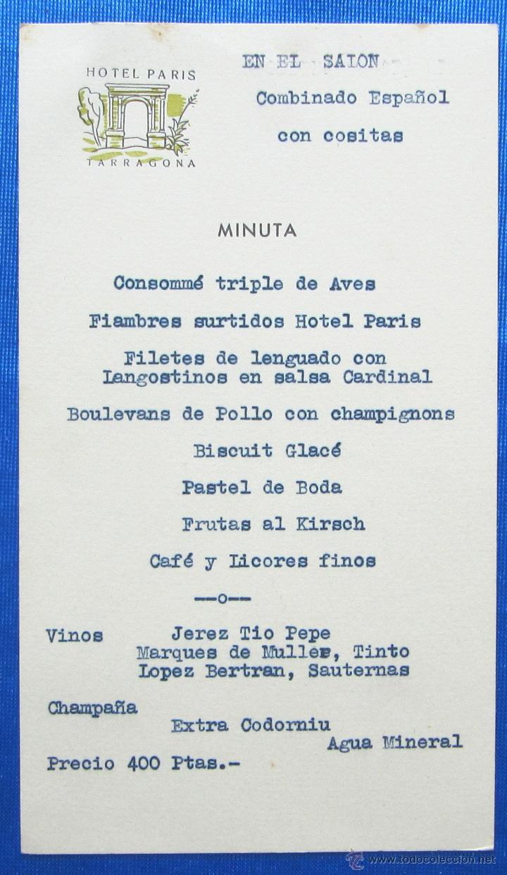Coleccionismo: HOTEL PARIS, TARRAGONA. MINUTA DE 400 PESETAS. SIN FECHA.