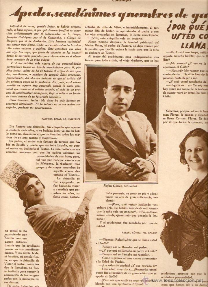 Coleccionismo: A&Ntilde;O 1928 RECORTE PRENSA APODOS EL GALLO NI&Ntilde;A DEL VITO LA GOYA CAGANCHO ANDRENIO PRECIOSILLLA
