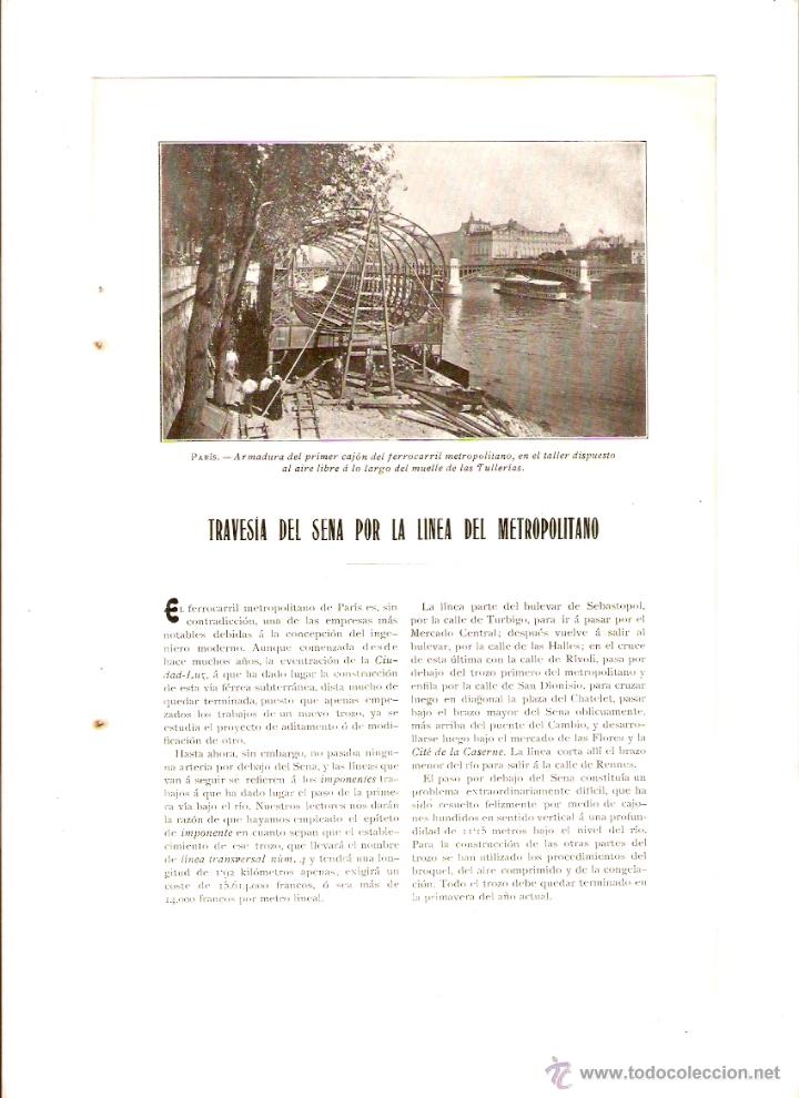 Collectionnisme: A&Ntilde;O 1907 RECORTE PRENSA METRO DE PARIS FERROCARRIL TRAVESIA DEL SENA POR LA LINEA DEL METROPOLITANO