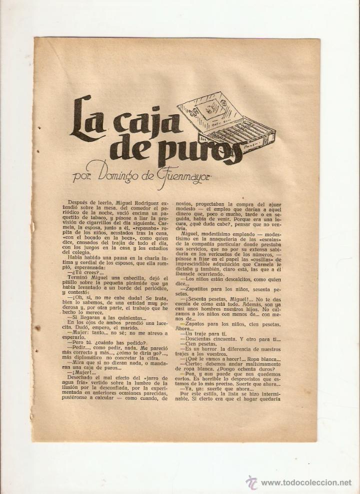 Collectionnisme: A&Ntilde;O 1925 RECORTE PRENSA RELATO CORTO LA CAJA DE PUROS DOMINGO DE FUENMAYOR DIBUJO V PLANAS