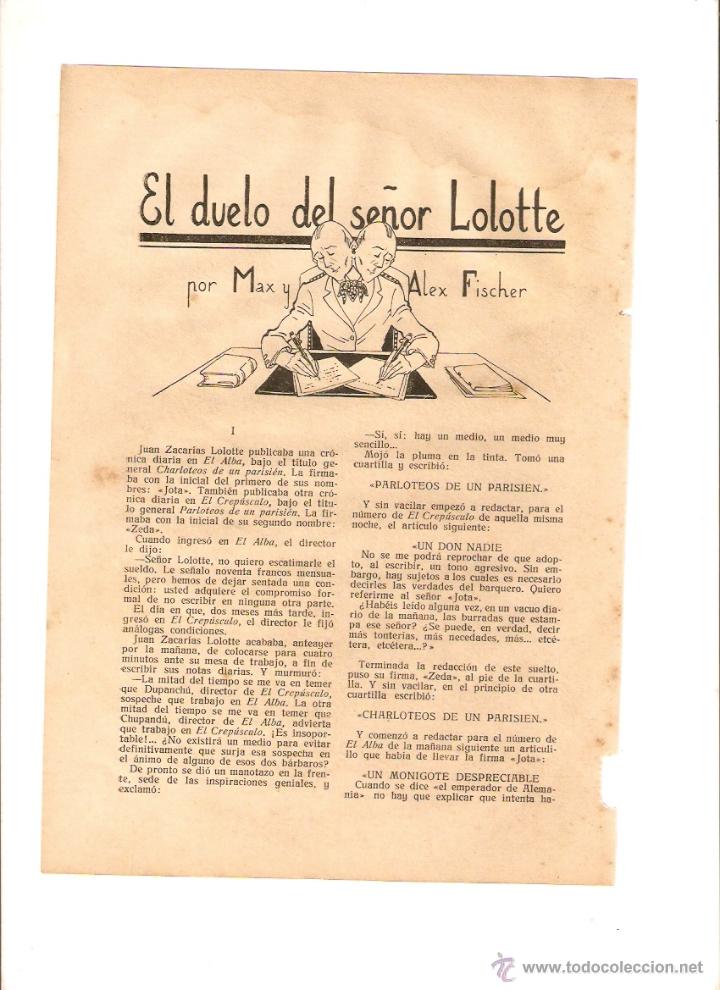 Collectionnisme: A&Ntilde;O 1924 RECORTE PRENSA RELATO CORTO EL DUELO DEL SE&Ntilde;OR LOLOTTE MAX ALEX FISCHER DIBUJO PRAT