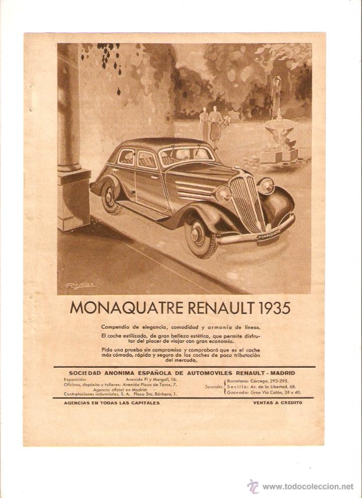Coleccionismo: A&Ntilde;O 1935 RECORTE PRENSA PUBLICIDAD MONAQUATRE RENAULT 1935 AUTOMOVIL AUTOMOVILISMO COCHES