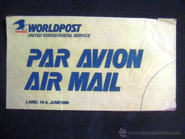 Colecionismo: COLECCIONISMO POSTAL. ETIQUETA AEREA..USA. A&Ntilde;OS 90. ENVIO INCLUIDO.
