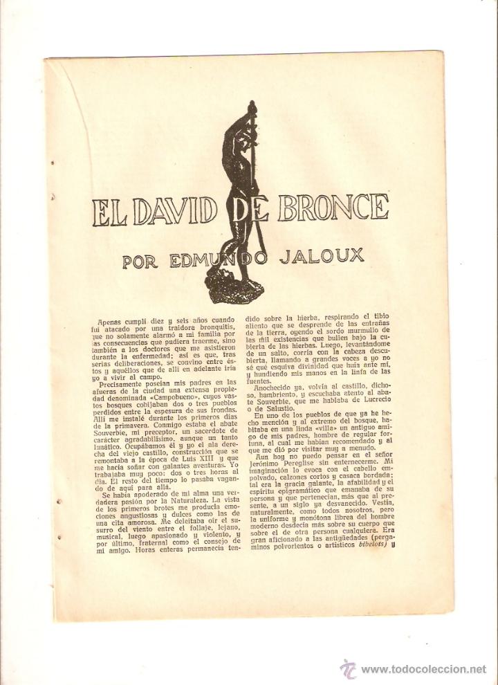 Coleccionismo: A&Ntilde;OS 20 RECORTE PRENSA RELATO CORTO EL DAVID DE BRONCE EDMUNDO JALOUX DIBUJO SERRA MASANA