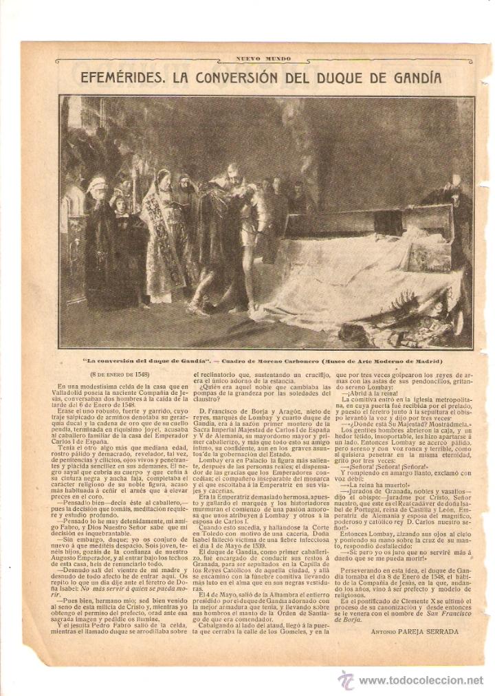 Coleccionismo: A&Ntilde;O 1909 RECORTE PRENSA EFEMERIDES LA CONVERSION DEL DUQUE DE GANDIA CUADRO MORENO CARBONERO
