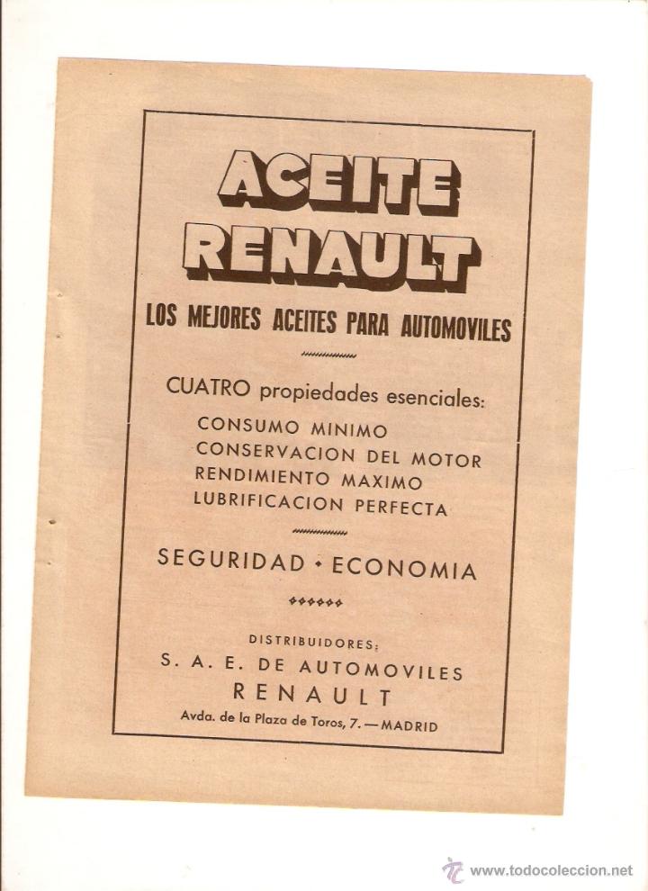 Coleccionismo: A&Ntilde;O 1935 RECORTE PRENSA PUBLICIDAD ACEITE RENAULT ACEITES PARA AUTOMOVILES