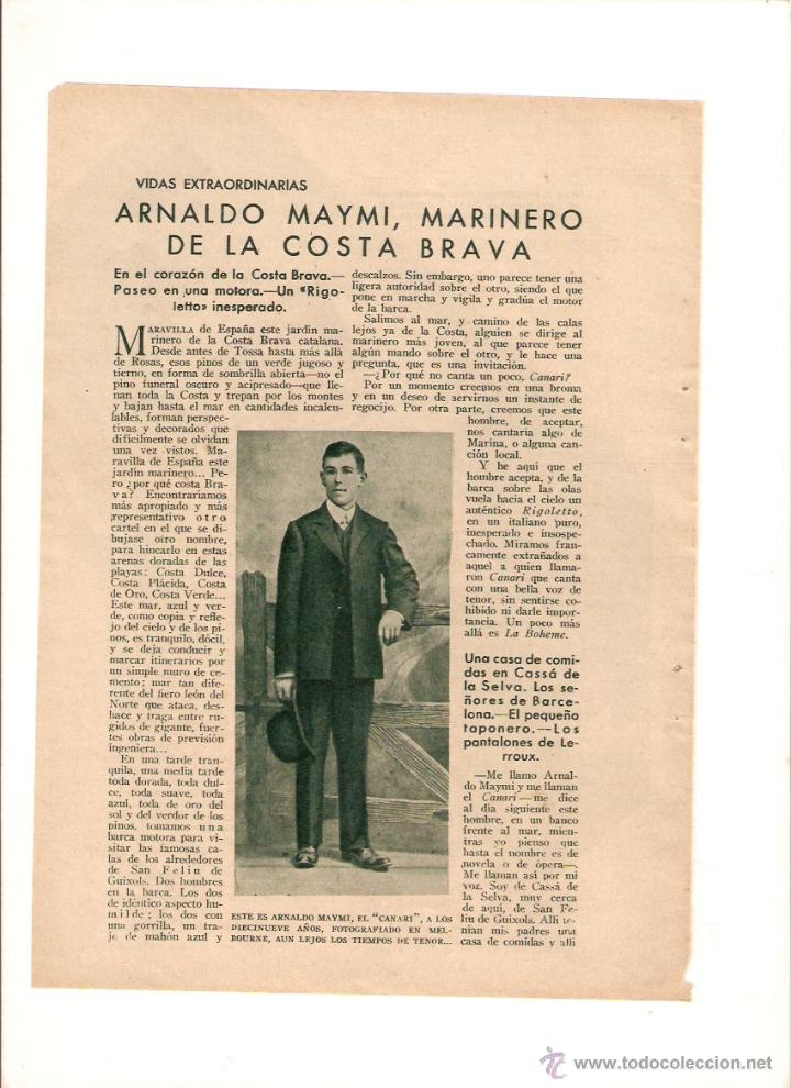 Coleccionismo: A&Ntilde;O 1935 RECORTE PRENSA ARNALDO MAYMI EL CANARI  MARINERO DE LA COSTA BRAVA OPERA
