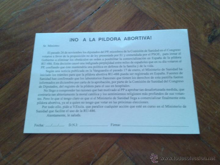 Coleccionismo: Tarjeta para env&iacute;o postal a ministro Romay PP campa&ntilde;a anti p&iacute;ldora abortiva grupos anti aborto