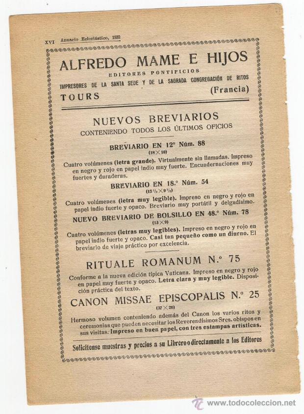 Coleccionismo: ALFREDO MAME E HIJOS EDITORES PONTIFICIOS IMPRESORES DE LA SANTA SEDE, TOURS (FRANCIA) 1932.