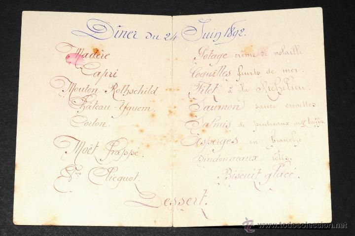 Coleccionismo: TARJETA DE MENU EN FRANCES S-XIX - Foto 2