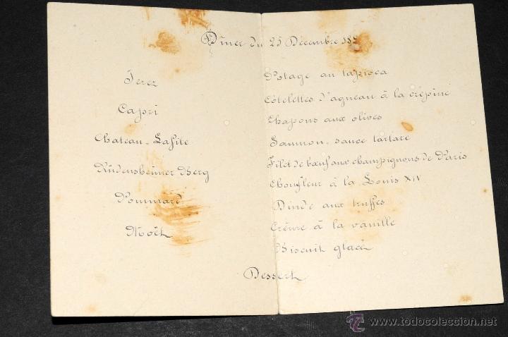 Coleccionismo: TARJETA DE MENU EN FRANCES XIX - Foto 2