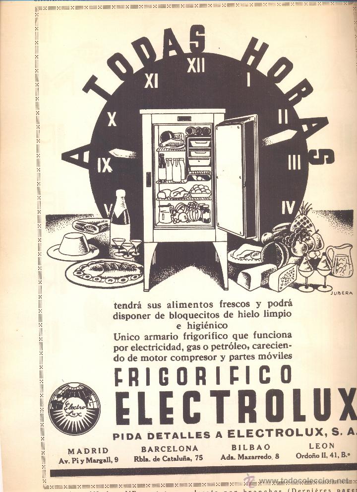 Coleccionismo: HOJA PUBLICIDAD GRANDE 24 X 33 CM. A&Ntilde;O 1935 FRIGORIFICO ELECTROLUX NEVERA COMIDA A TODAS HORAS