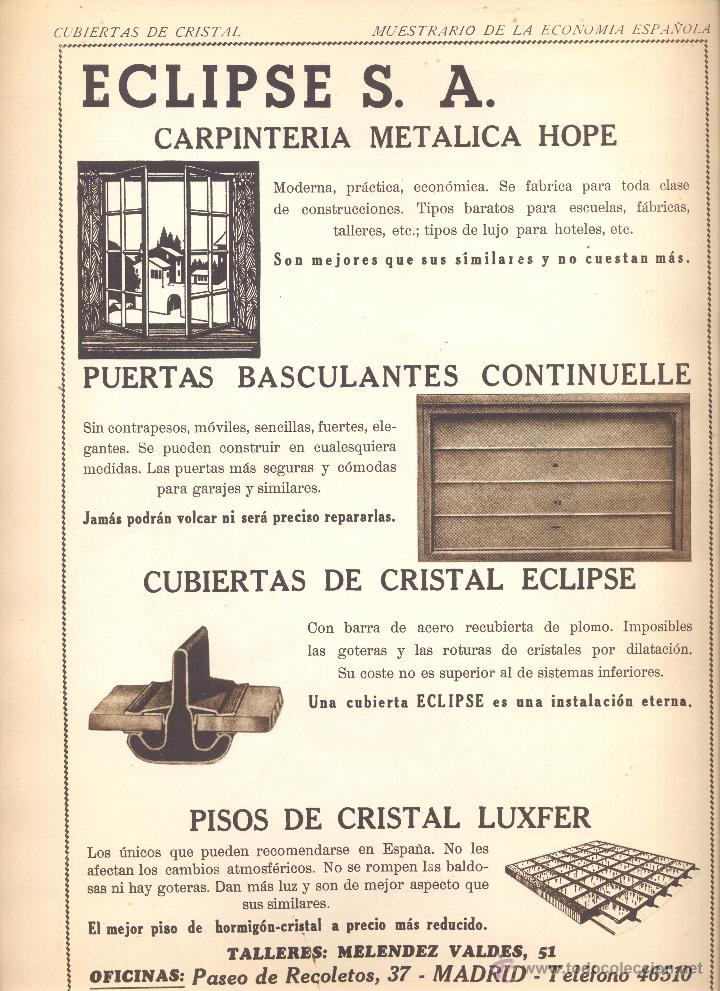 Coleccionismo: HOJA PUBLICIDAD 24 X 33 CM A&Ntilde;O 1935 ECLIPSE S.A. CARPINTERIA METALICA HOPE CRISTAL LUXFER CARPINTERO