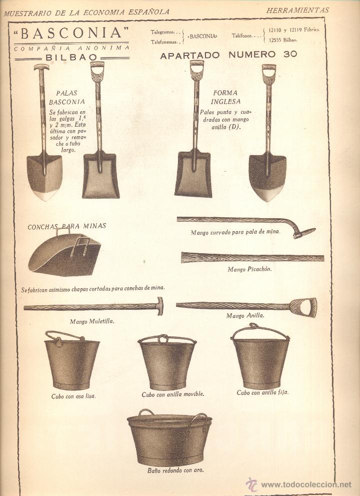 Coleccionismo: HOJA PUBLICIDAD GRANDE 24 X 33 CM A&Ntilde;O 1935 BASCONIA PALAS DE ACERO PALA CONCHAS PARA MINAS BILBAO
