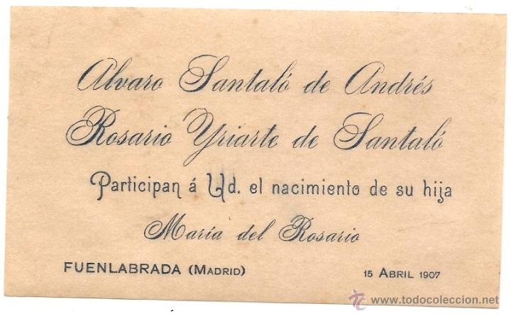 Coleccionismo: Fuenlabrada. Tarjeta de participaci&oacute;n de nacimiento. 1907