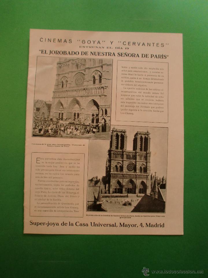 Coleccionismo: CINEMAS GOYA Y CERVANTES ESTRENAN EL DIA 19 EL JOROBADO DE NOTRE DAME - SPORT POR YUSTE - 14/1/1925