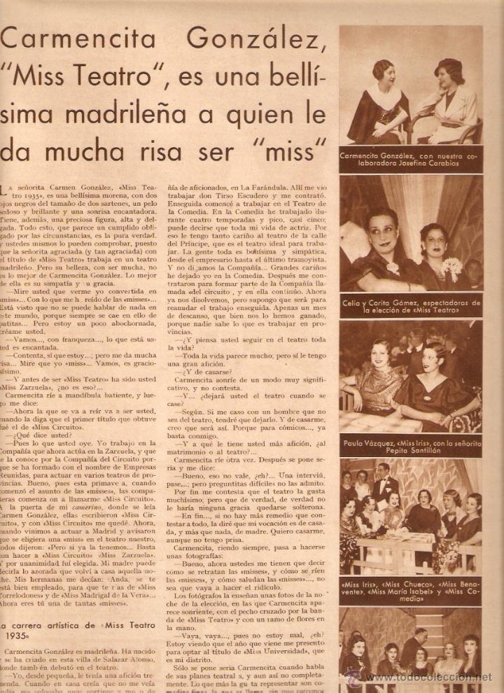 Collezionismo: A&Ntilde;O 1935 RECORTE PRENSA CARMENCITA GONZALEZ MADRID MISS TEATRO 1935 ACTRIZ ARTISTA