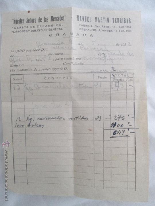 Coleccionismo: Hoja Pedido F&aacute;brica caramelos Ntra. Se&ntilde;ora de las Mercedes, Granada. Manuel Mart&iacute;n Terribas. 1958