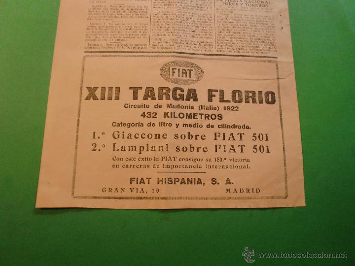 Coleccionismo: FIAT 501 1&ordm; Y 2&ordm; EN XIII TARGA FLORIO CIRCUITO DE MADONIA 432 KILOMETROS - 6/4/1922
