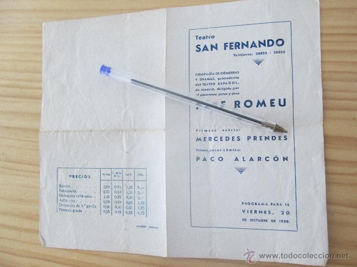 Coleccionismo: Programa Teatro San Fernando,Sevilla.20 Octubre 1939,Pepe Romeu,Mercedes Prendes,Rojillos,m.ruise&ntilde;or