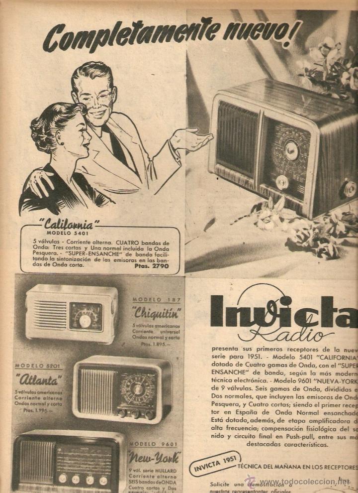 Collectionnisme: A&Ntilde;O 1951 RECORTE PRENSA PUBLICIDAD RADIO INVICTA RECEPTORES MODELO CALIFORNIA CHIQUITIN ATLANTA