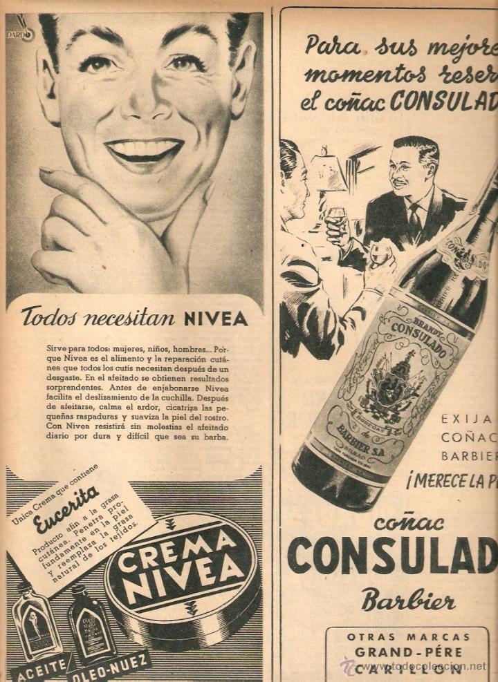 Coleccionismo: A&Ntilde;O 1950 RECORTE PRENSA PUBLICIDAD BEBIDAS CO&Ntilde;AC BRANDY CONSULADO BARBIER CREMA NIVEA
