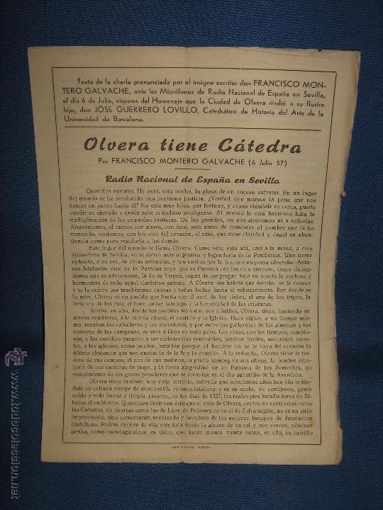 Coleccionismo: FOLLETO CON CHARLA  OLVERA TIENE CATEDRA PRONUNCIADA POR FRANCISCO MONTERO GALVACHE