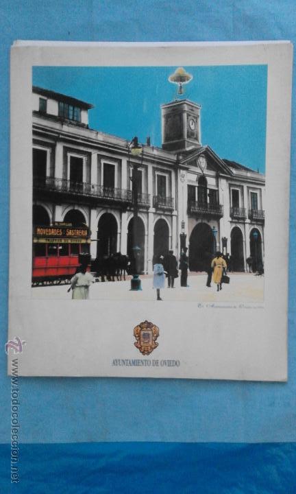 Coleccionismo: AYUNTAMIENTO DE OVIEDO. CARPETA CON 12 FOTOGRAFIAS ANTIGUAS DE OVIEDO. COLOREADAS. 31x31 cms