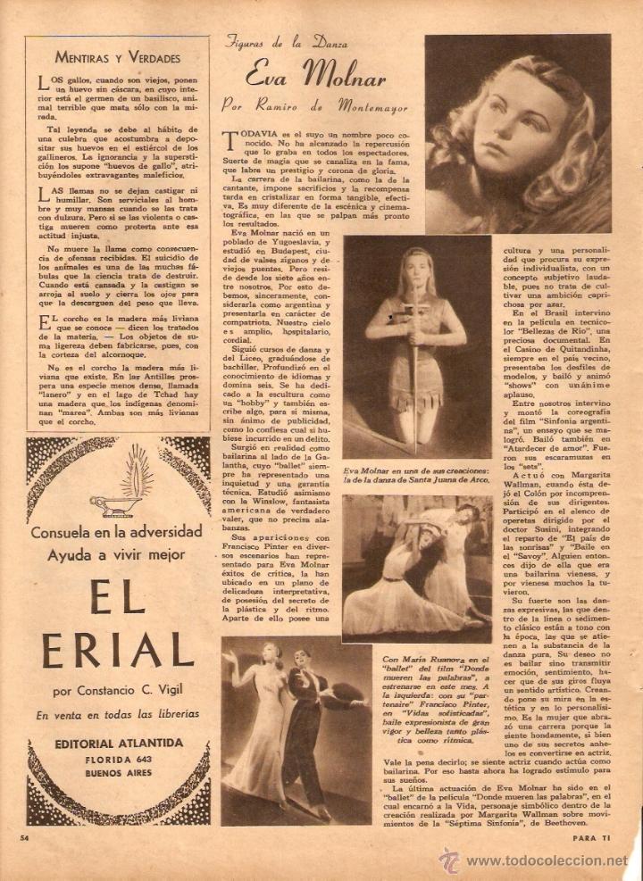 Collecting paper: A&Ntilde;O 1946 RECORTE PRENSA FIGURAS DE LA DANZA EVA MOLNAR ACTRIZ BAILARINA