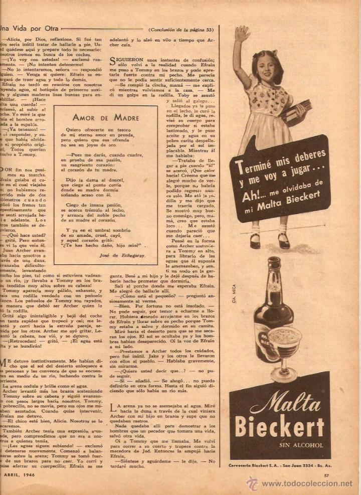 Collectionnisme: A&Ntilde;O 1946 RECORTE PRENSA PUBLICIDAD BEBIDAS MALTA BIECKERT POESIA JOSE DE ECHEGARAY AMOR DE MADRE