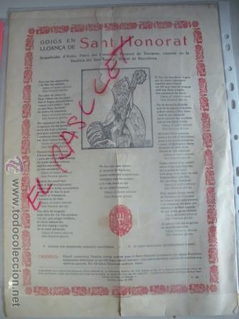 Collectionnisme: ANTIGUA HOJA INFORMATIVA DE - SANT  HONORAT - PATRO DEL GREMI DE FORNERS DE TERRASSA -ANY 1959 -