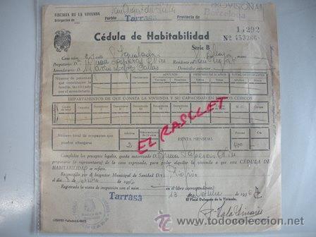 Collezionismo: ANTIGUA CEDULA DE HABITABILIDAD - TARRASA 13 OCTUBRE DE 1956 -N&ordm;- 14292
