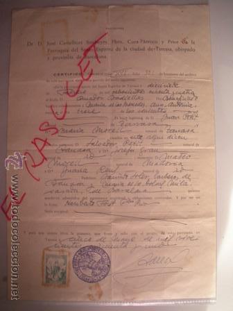Coleccionismo: ANTIGUO CERTIFICADO DE BAUTISMO- DE LA PARROQUIA SANTO ESPIRITU DE TARRASA 5 DE MAYO DE 1951-