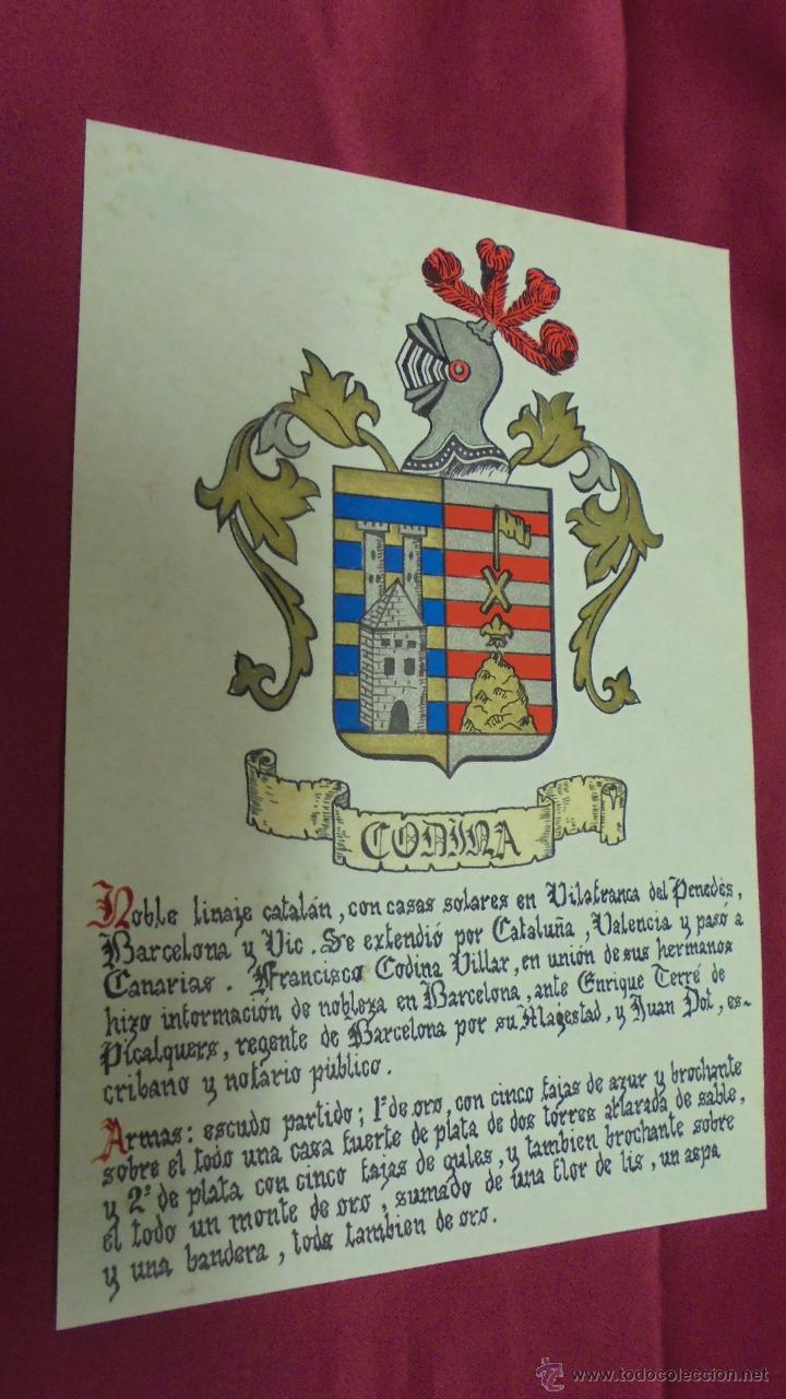 Sammelleidenschaft Papier: CODINA. ESCUDO HER&Aacute;LDICO. ESCUDO DE ARMAS. PINTADO A MANO.