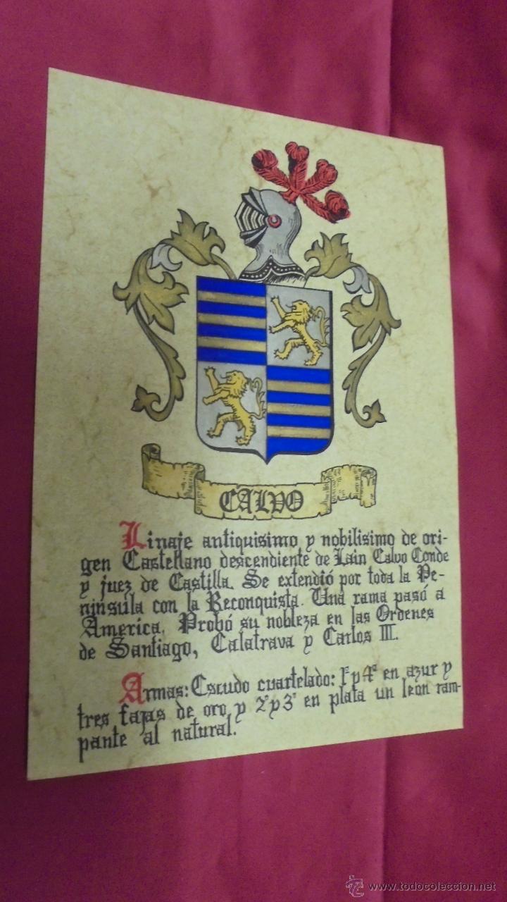 Collezionismo: CALVO. ESCUDO HER&Aacute;LDICO. ESCUDO DE ARMAS. PINTADO A MANO.