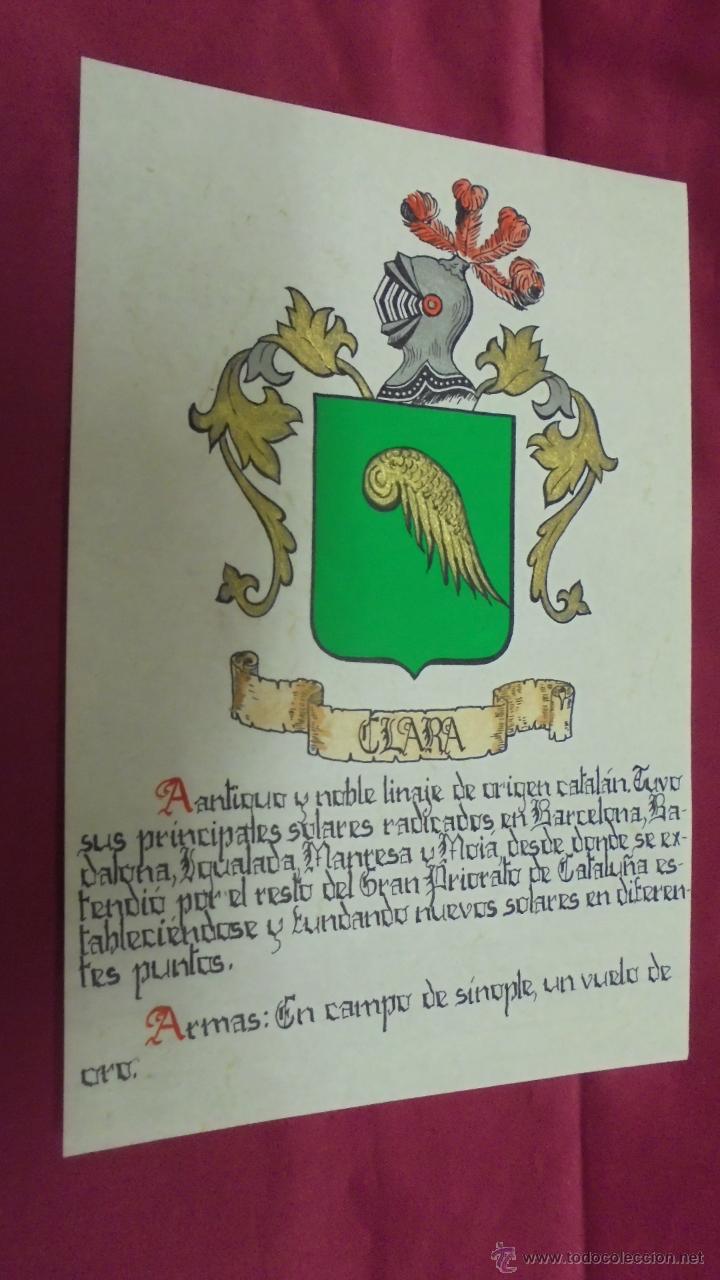 Collezionismo: CLARA. ESCUDO HER&Aacute;LDICO. ESCUDO DE ARMAS. PINTADO A MANO.