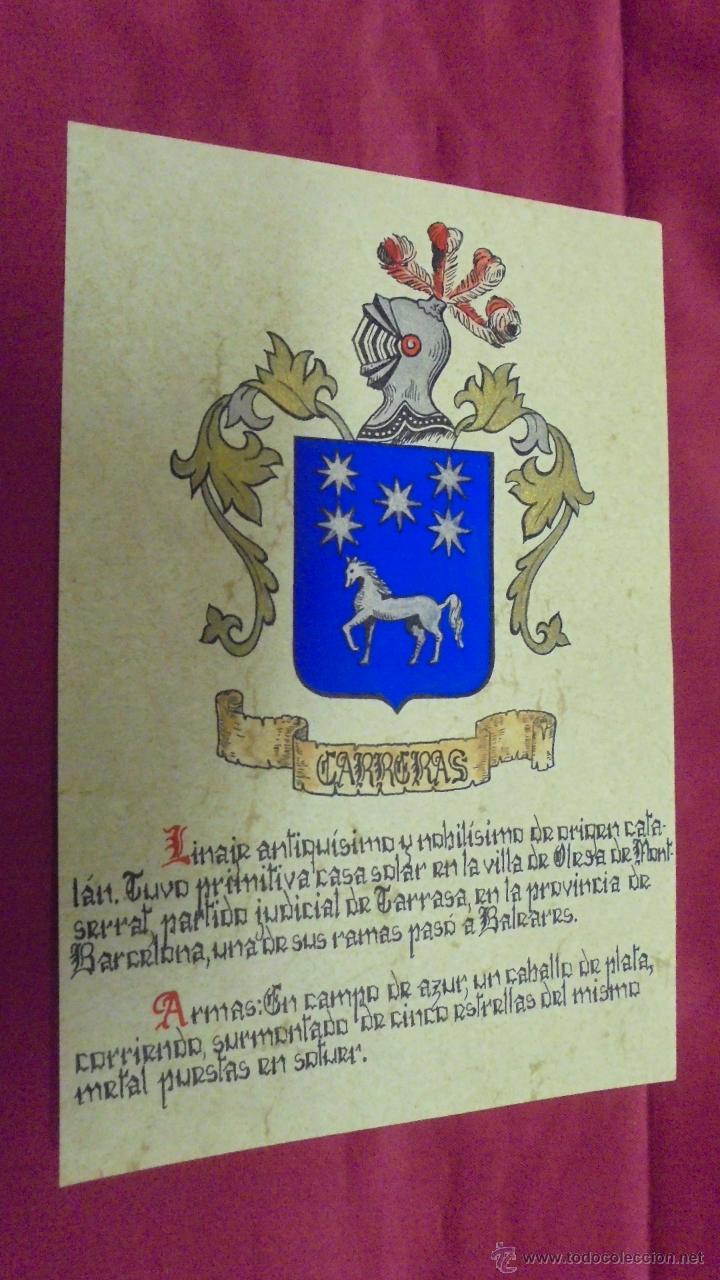 Collezionismo: CARRERAS. ESCUDO HER&Aacute;LDICO. ESCUDO DE ARMAS. PINTADO A MANO.