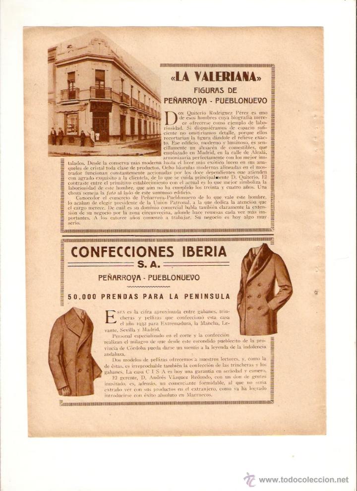 Coleccionismo: A&Ntilde;O1933 RECORTE PRENSA PUBLICIDAD LA VALERIANA FIGURAS DE PE&Ntilde;ARROYA PUEBLO NUEVO CONFECCIONES IBERIA